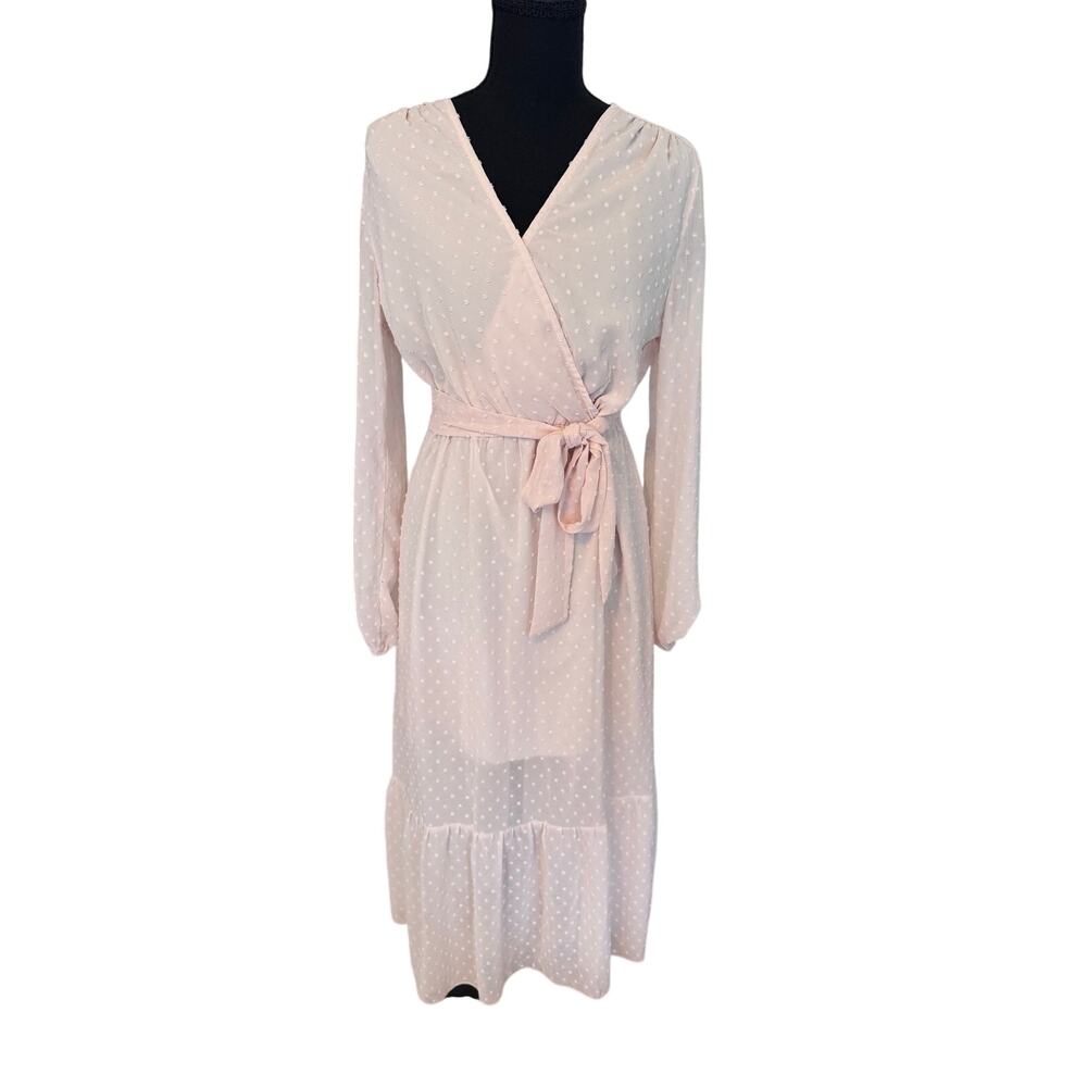KIRUNDO Womens S Swiss Dot Midi Dress Cream Wrap V Neck Long Sleeve Boho Ruffle